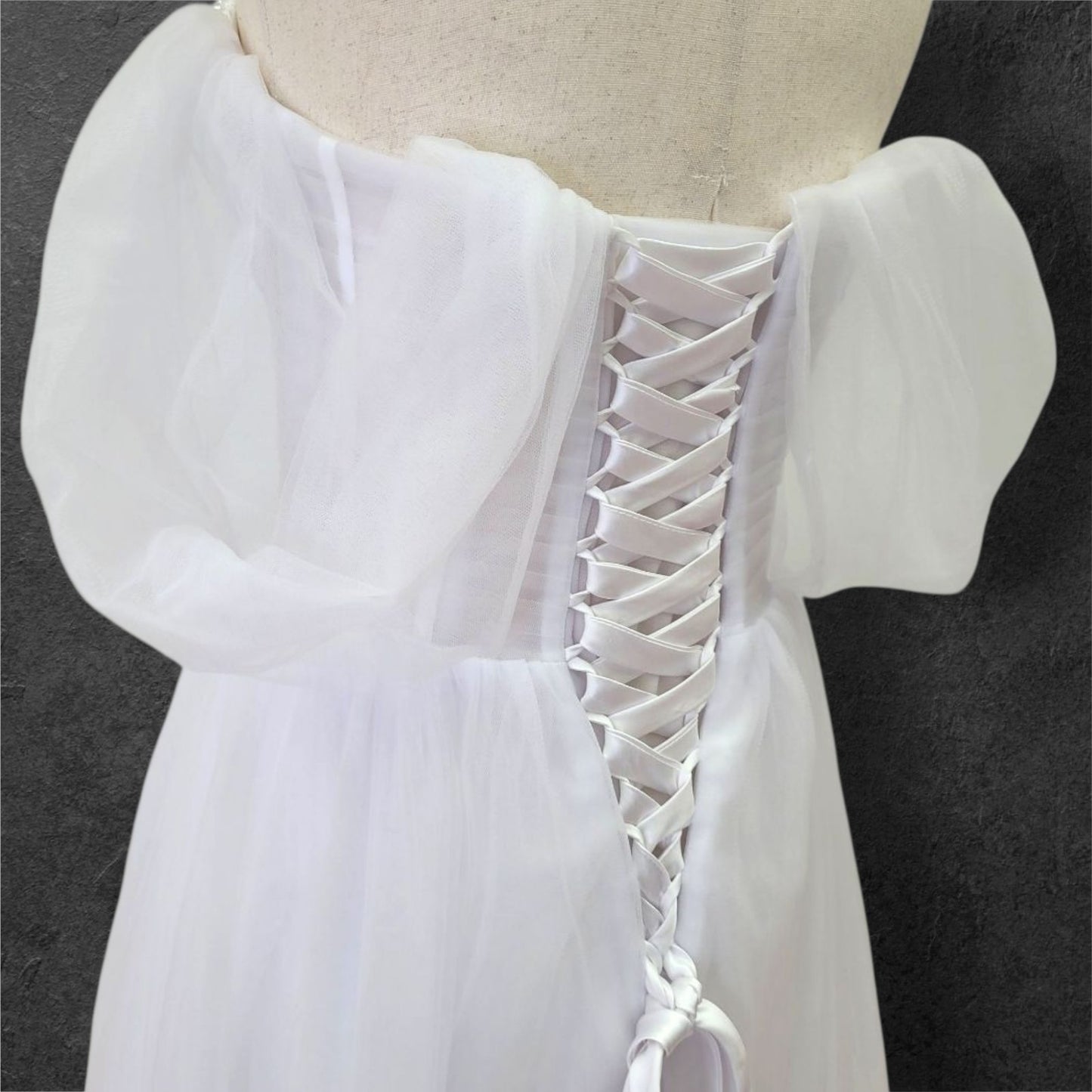 Tulle A Line Wedding Dress with Pearl Design on Bust and Full Corset Back
