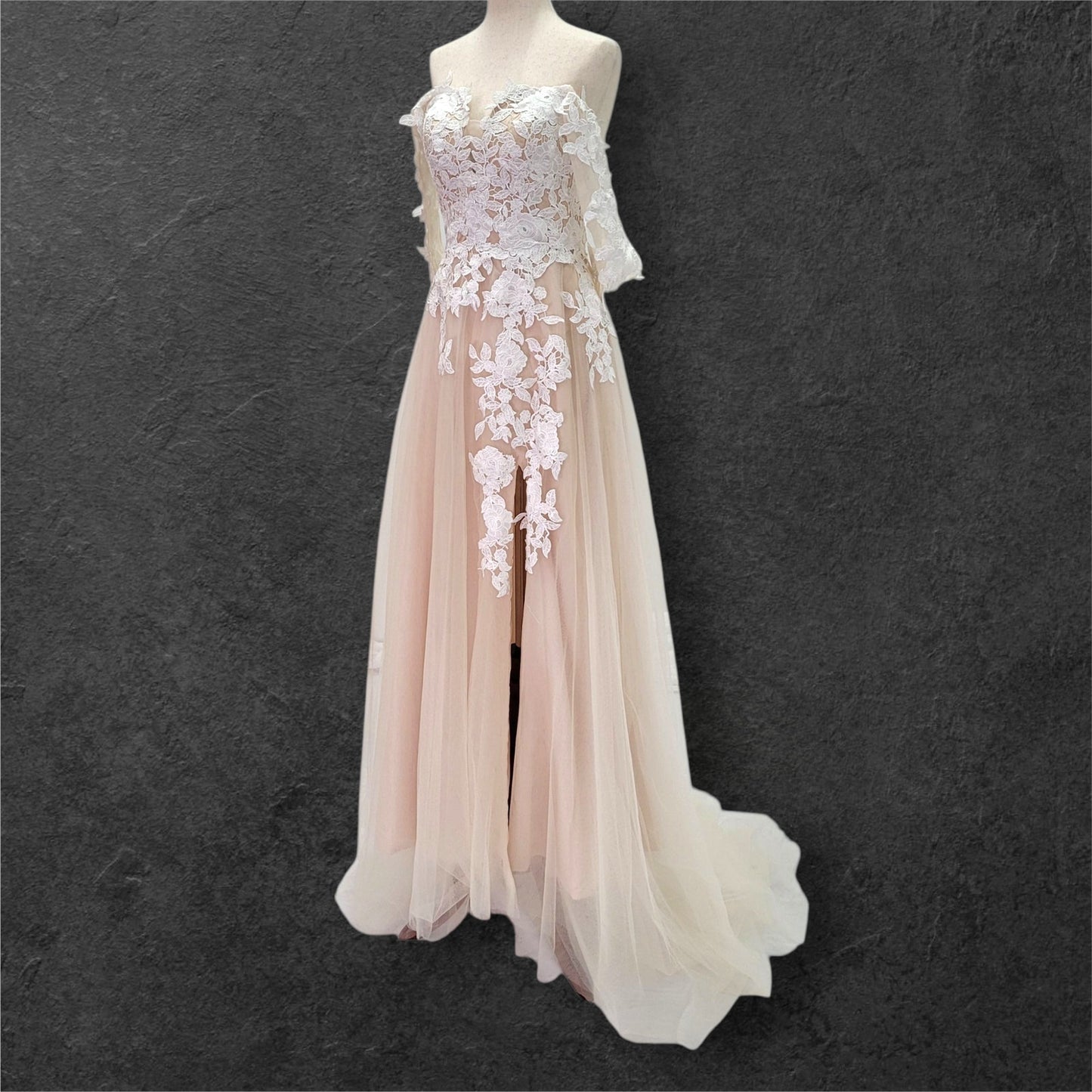 Beige Champagne Wedding Dress with White Floral Appliques