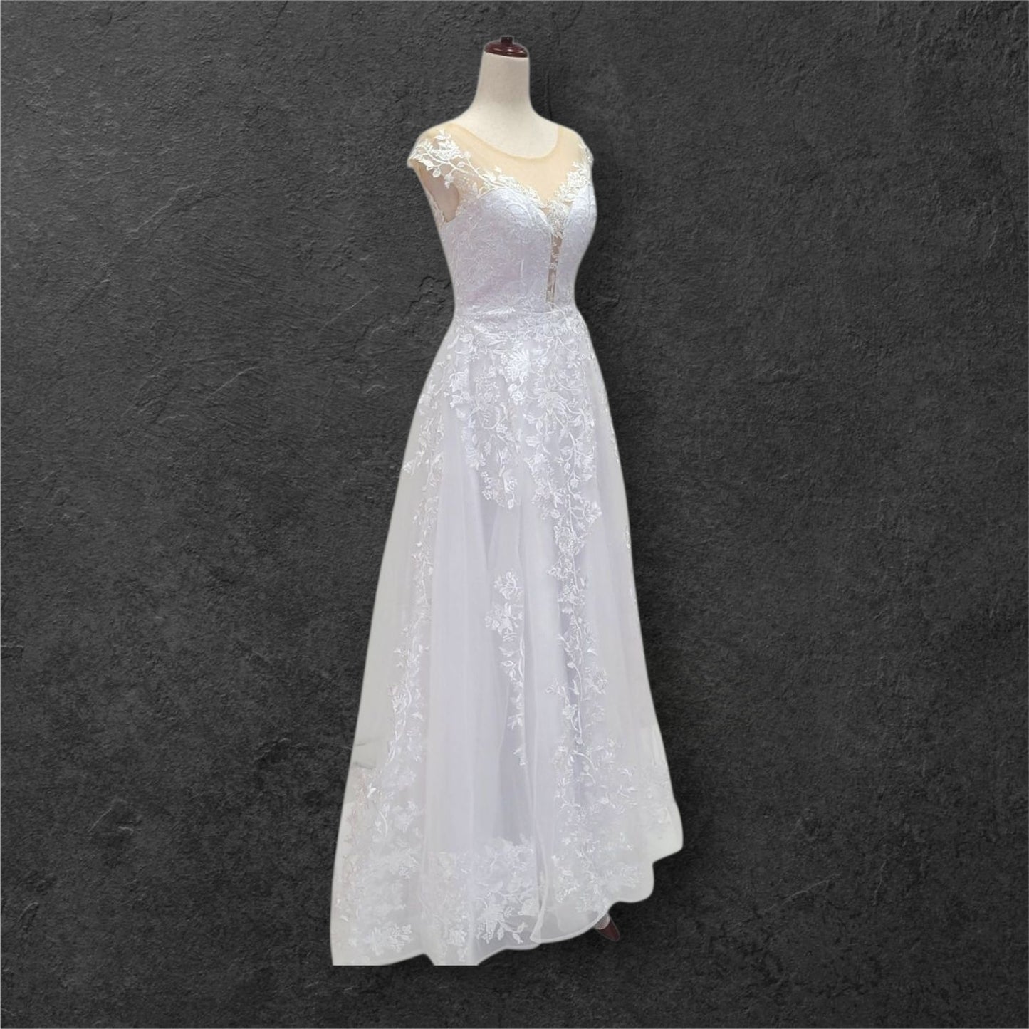 Deep V Neck Wedding Dress with Mesh Lace Cap Sleeves