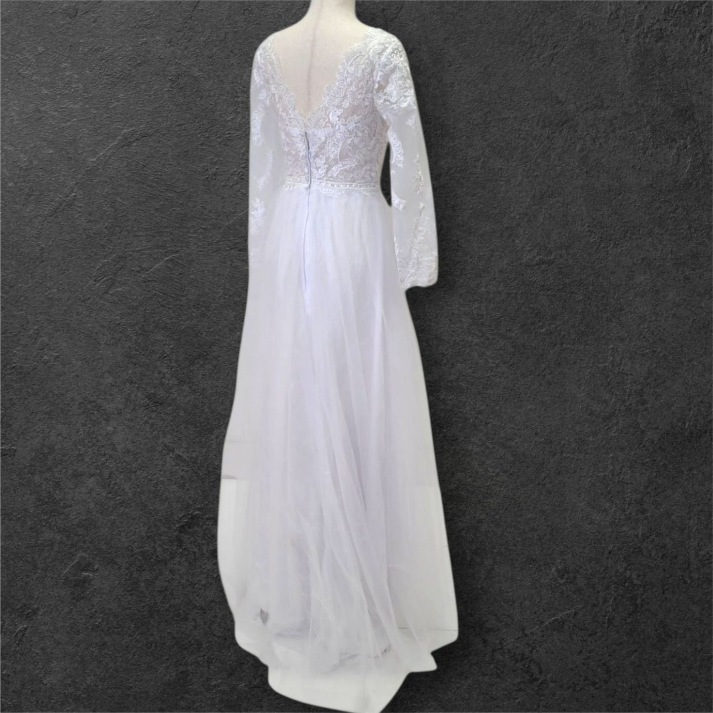 Long Sleeve A Line Tulle Wedding Dress with Fitted Lace Sleeves and Bodice