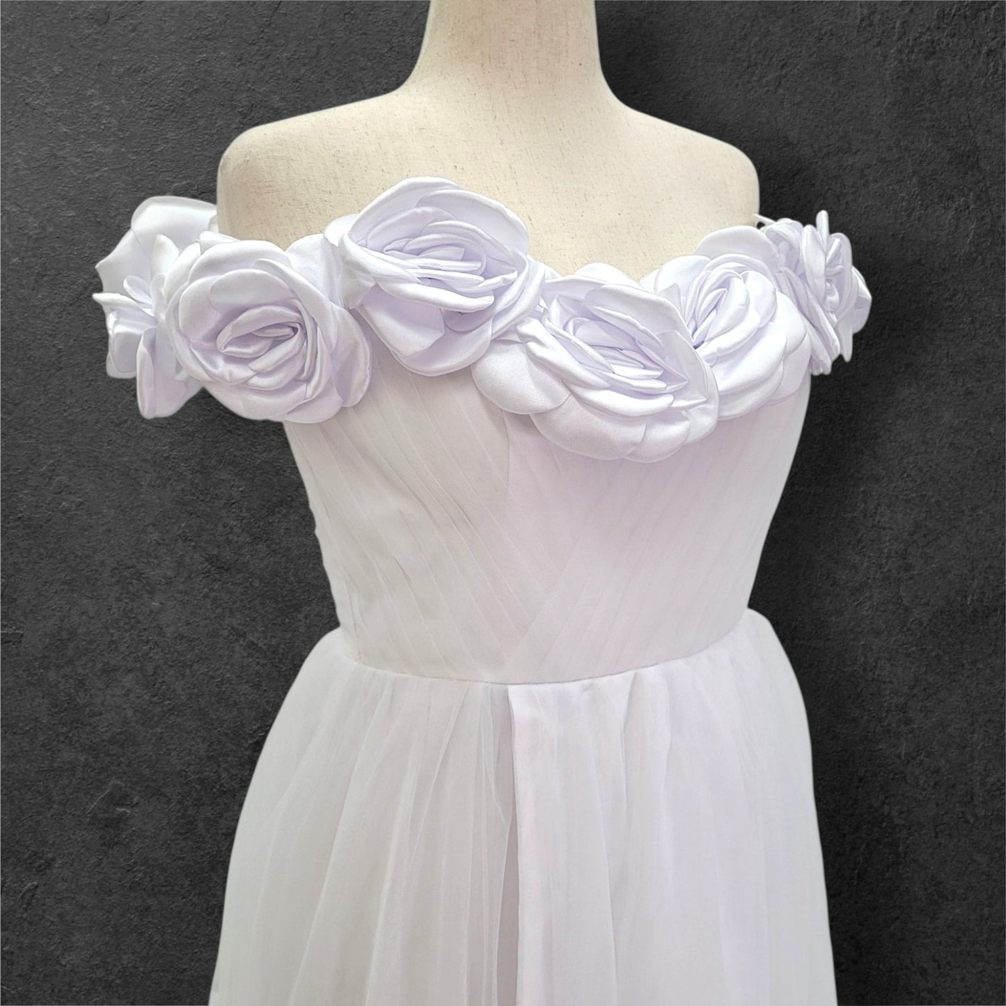Rose Adorned Wedding Dress with Off Shoulder Sleeves and Corset Back
