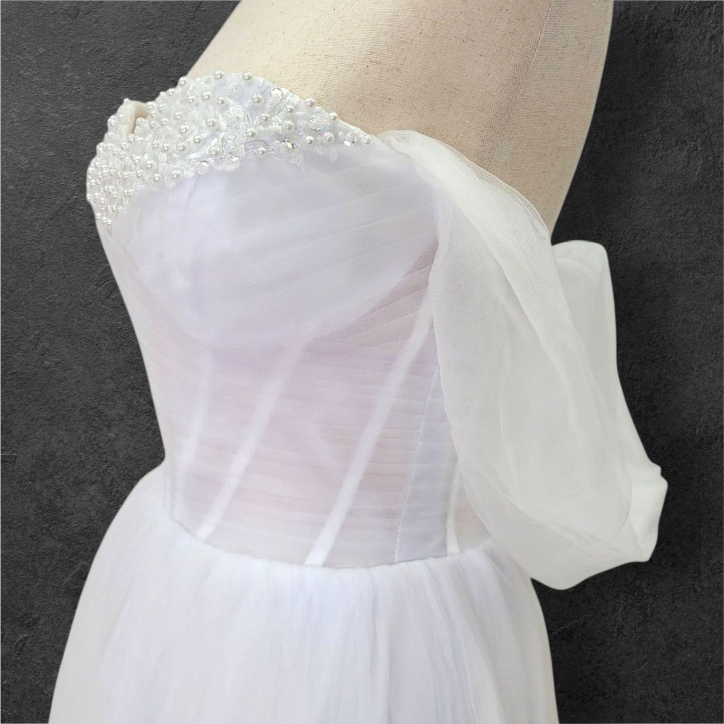 Tulle A Line Wedding Dress with Pearl Design on Bust and Full Corset Back