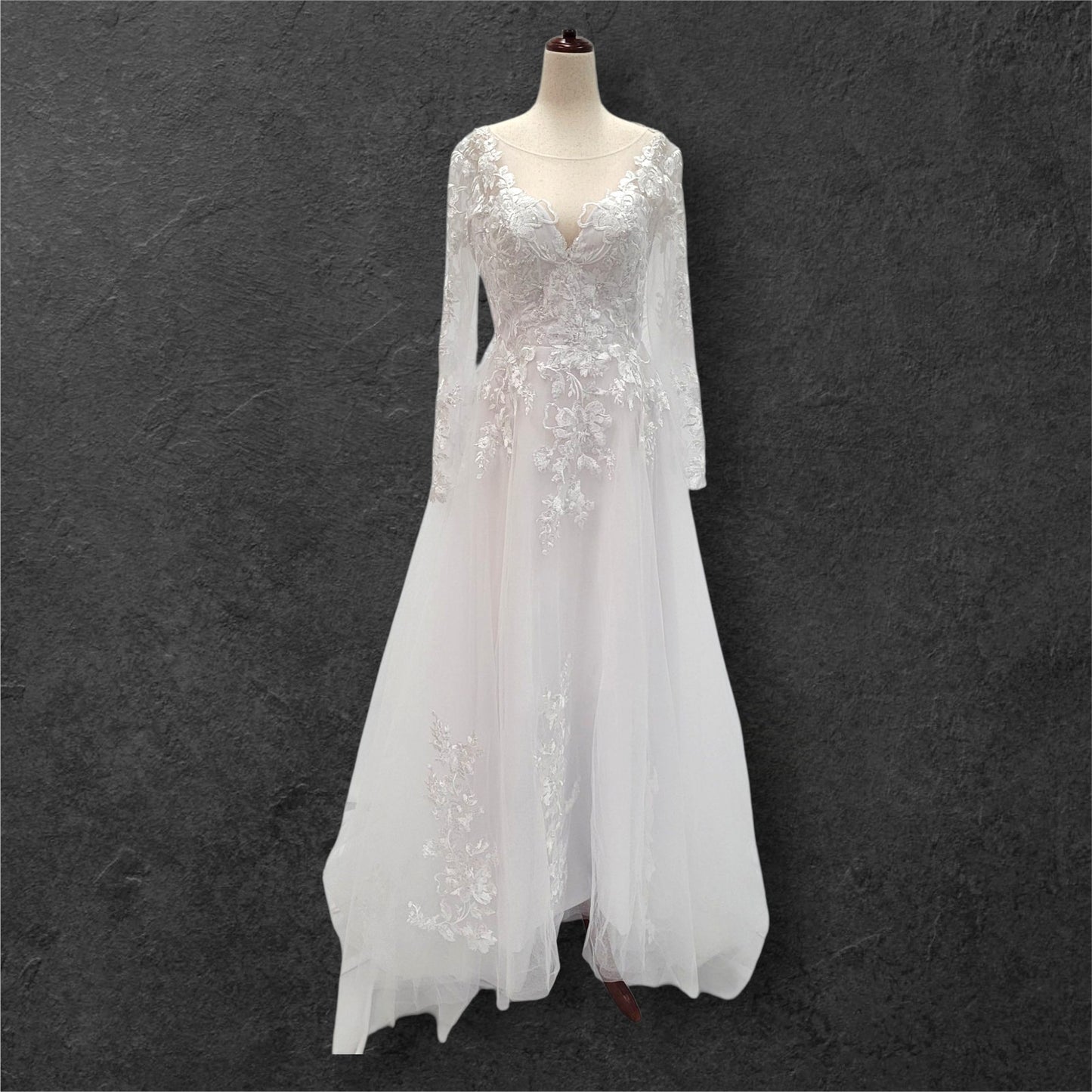 Long Sleeve Tulle Wedding Dress with Sheer Mesh Back with Floral Appliques