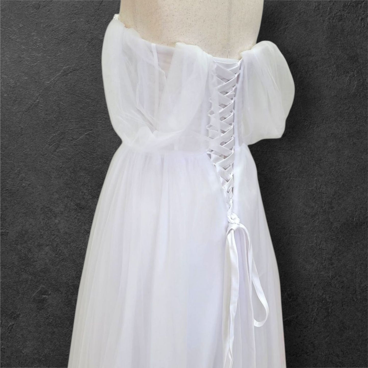 Tulle A Line Wedding Dress with Pearl Design on Bust and Full Corset Back
