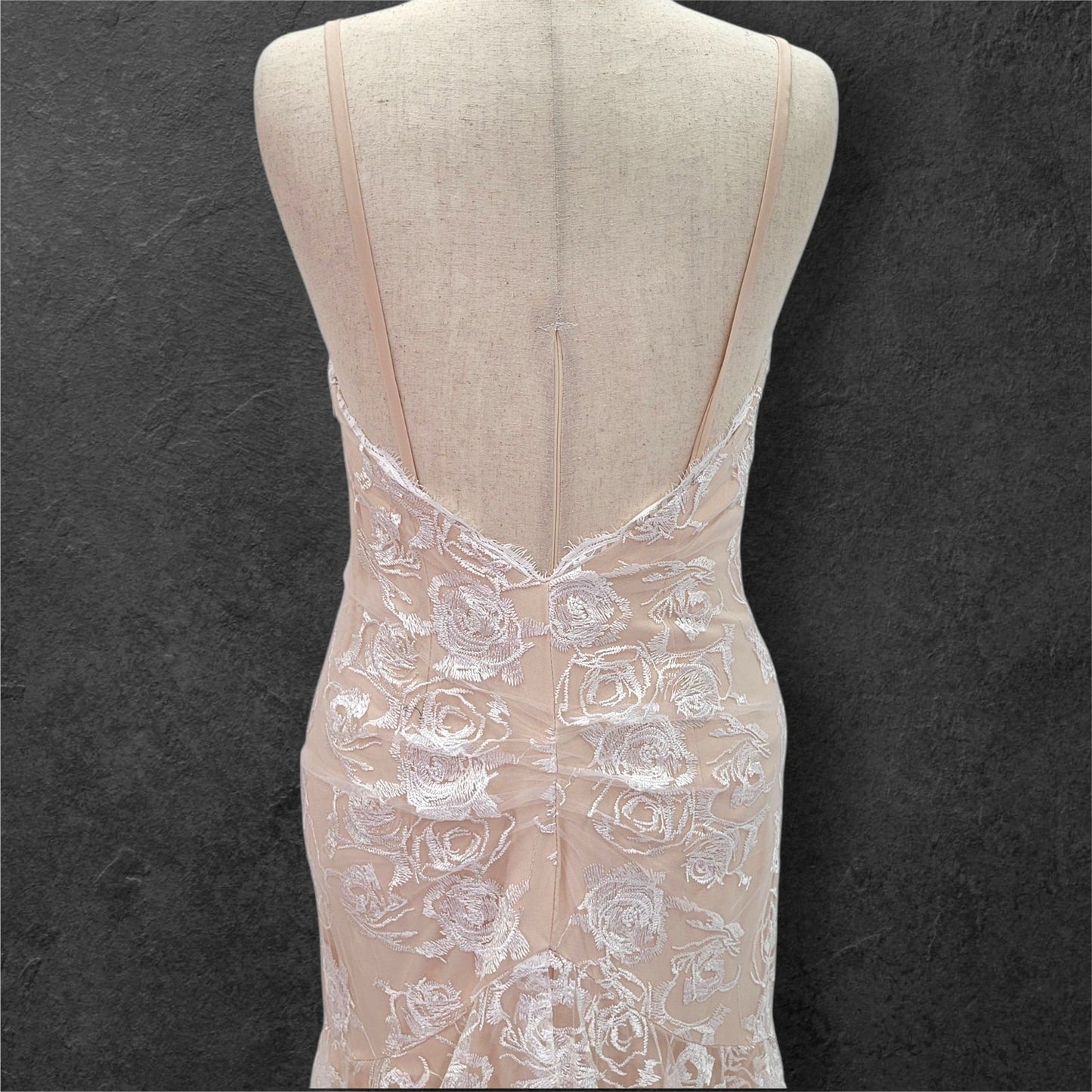 Beige Destination Wedding Dress with White Rose Overlay and Train