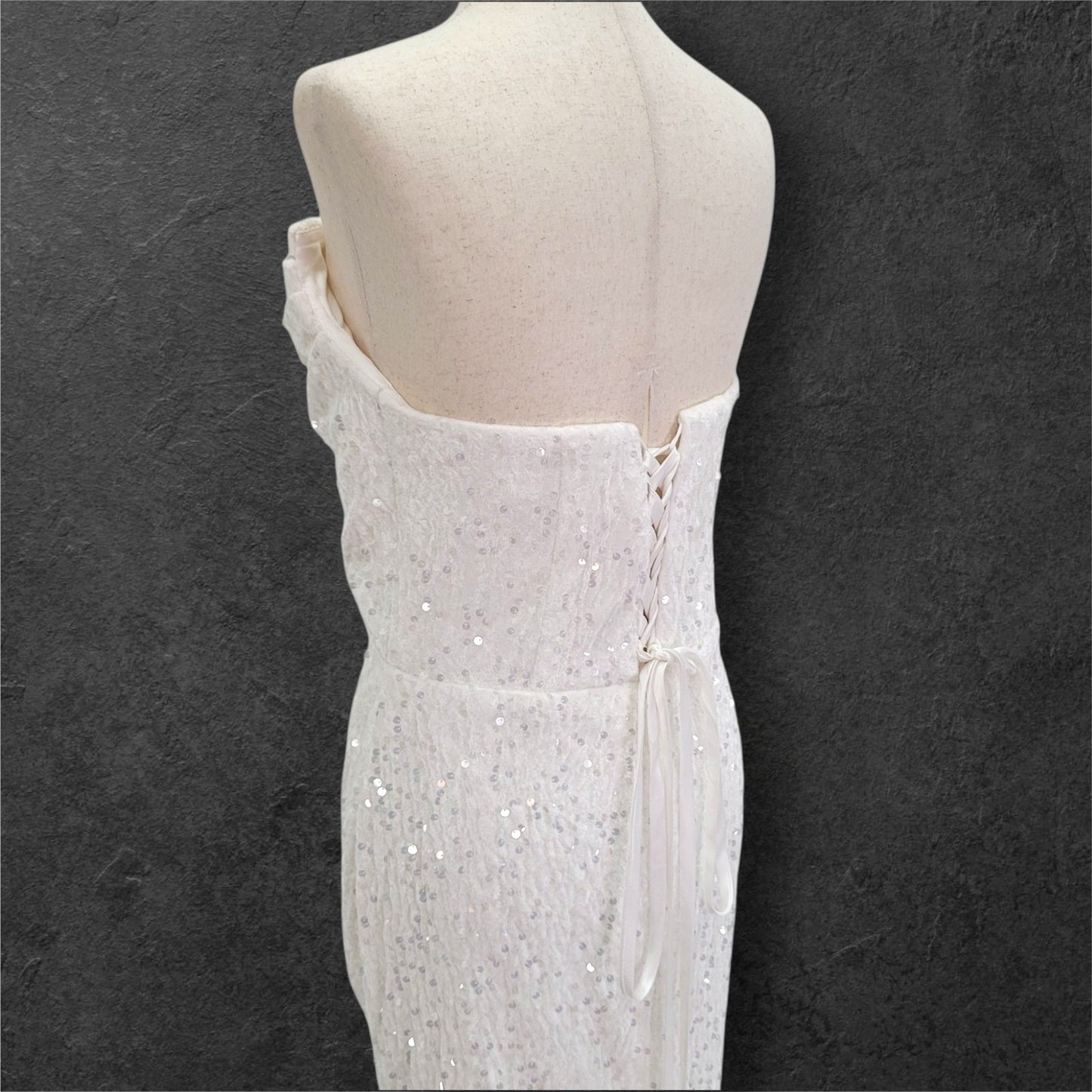 Strapless White Sequin Gown with Corset Back and Leg Slit