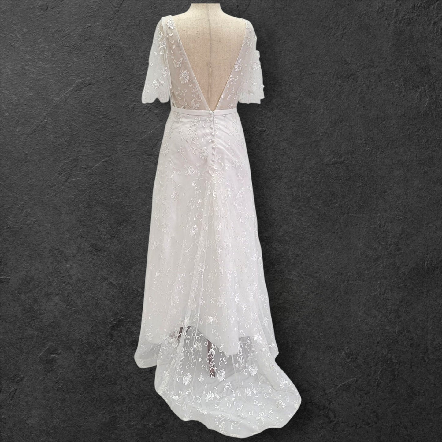 A Line Wedding Dress with Trumpet Sleeves and V Back