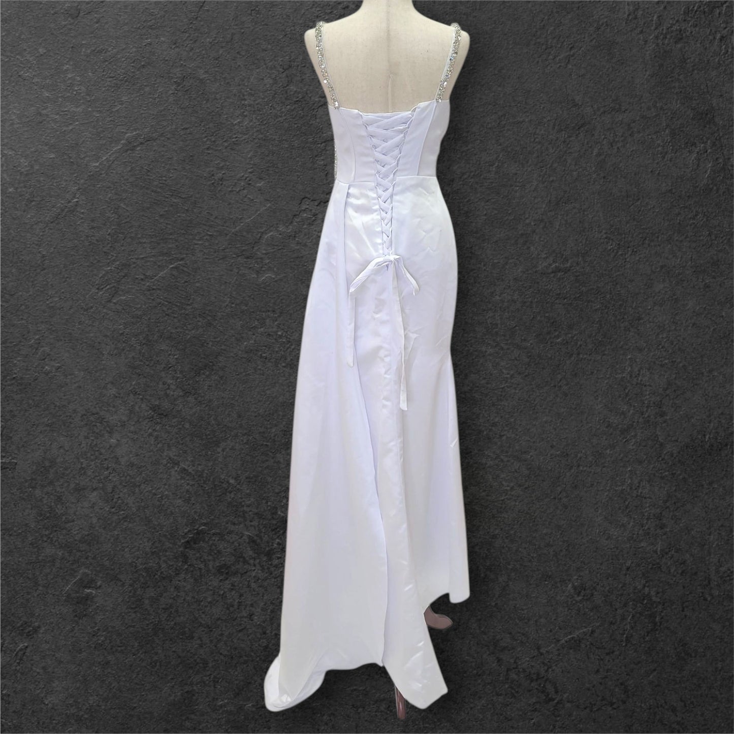 Fitted Satin White Gown with Large Jeweled Straps and Bodice Design