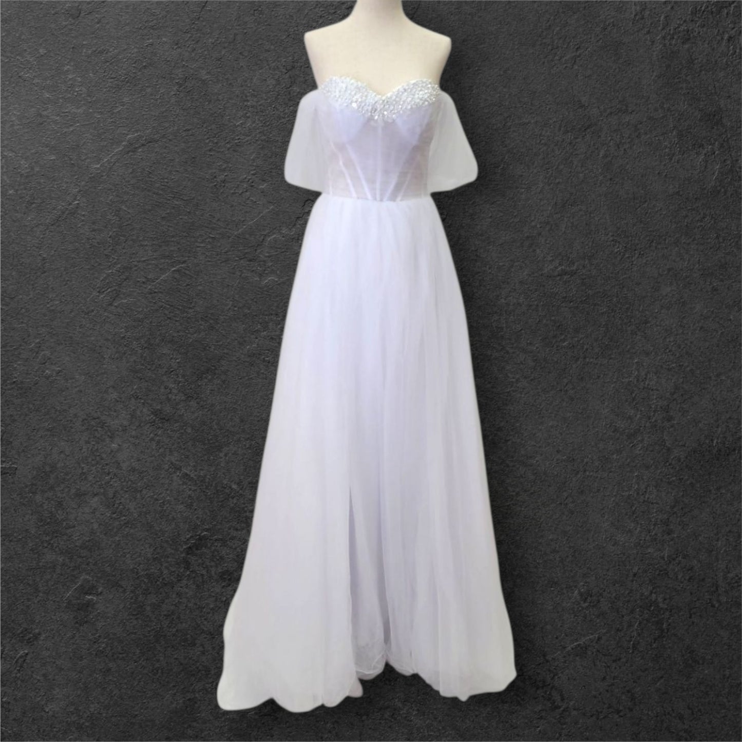 Tulle A Line Wedding Dress with Pearl Design on Bust and Full Corset Back
