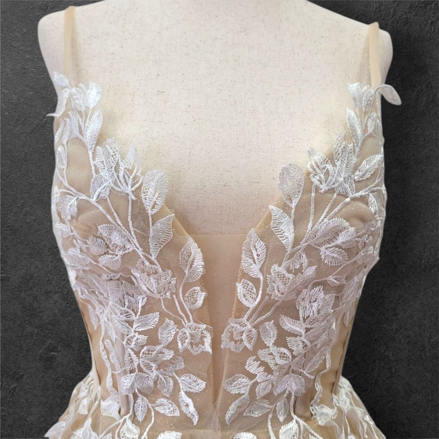 Beige Ballgown Wedding Dress with White Floral Appliques