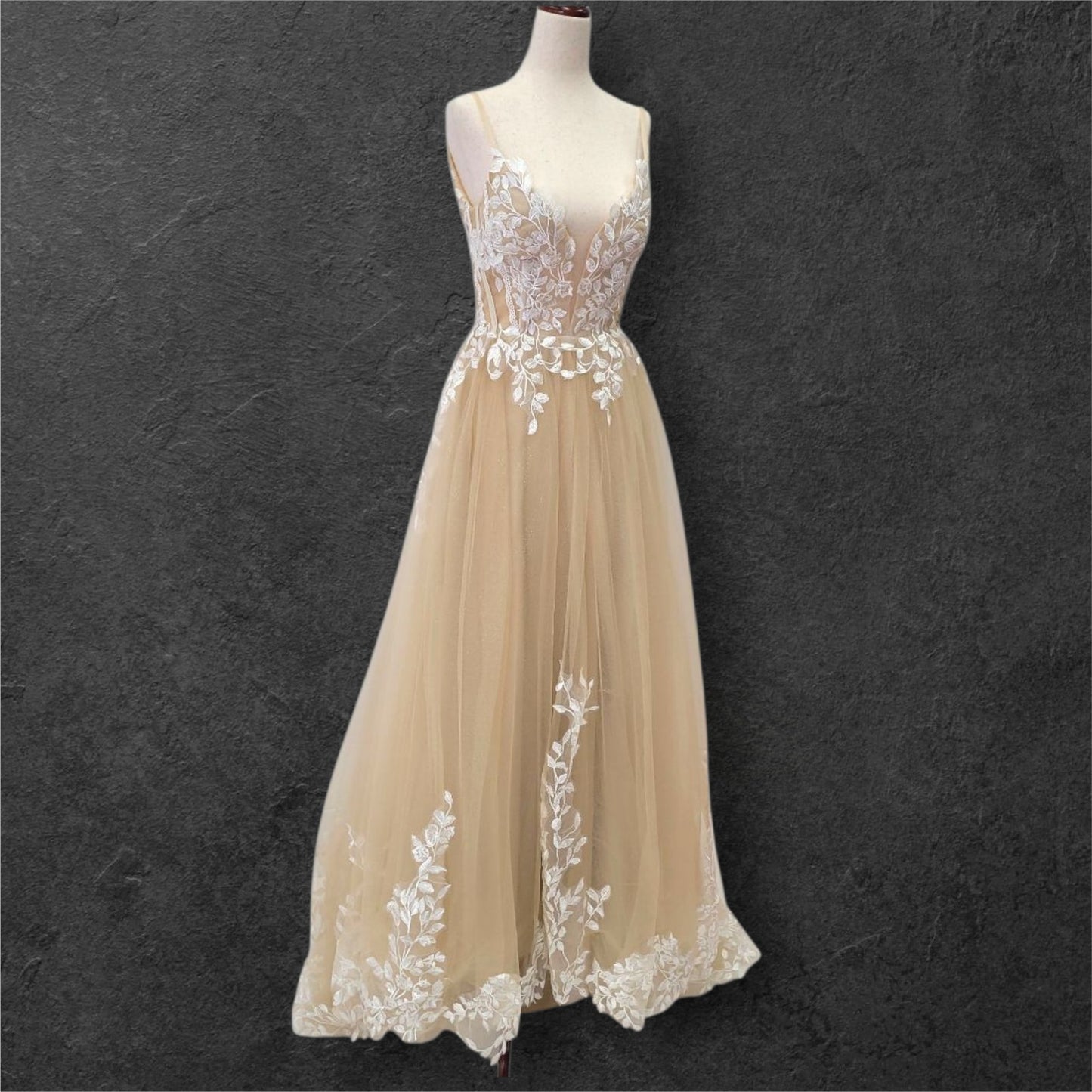 Beige Ballgown Wedding Dress with White Floral Appliques