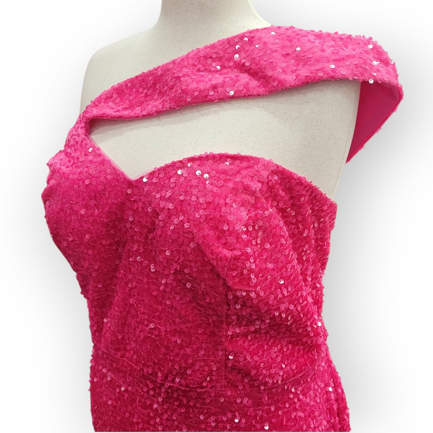 Fitted Hot Pink Sequin Gown with Asymmetric Shoulder Strap