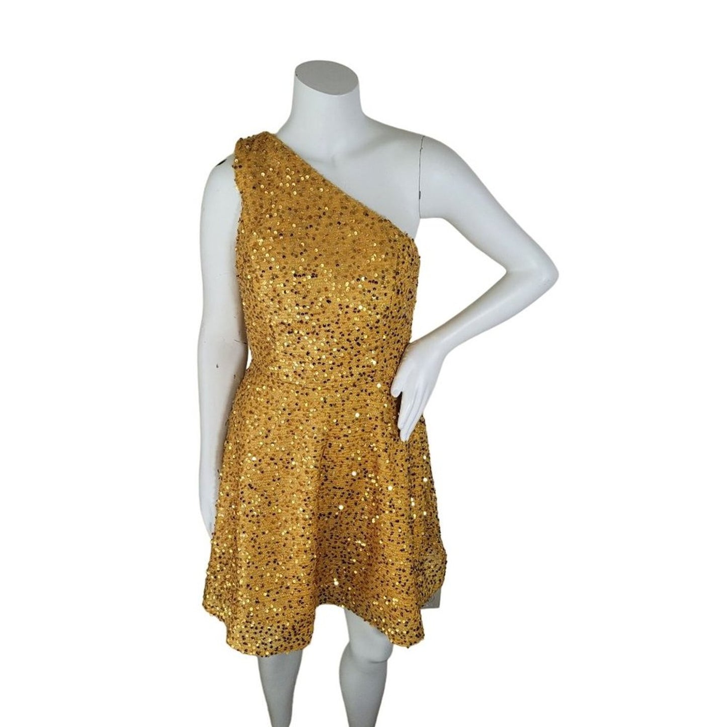 Women's Gold Sequin Dress Short Formal Gown One Shoulder