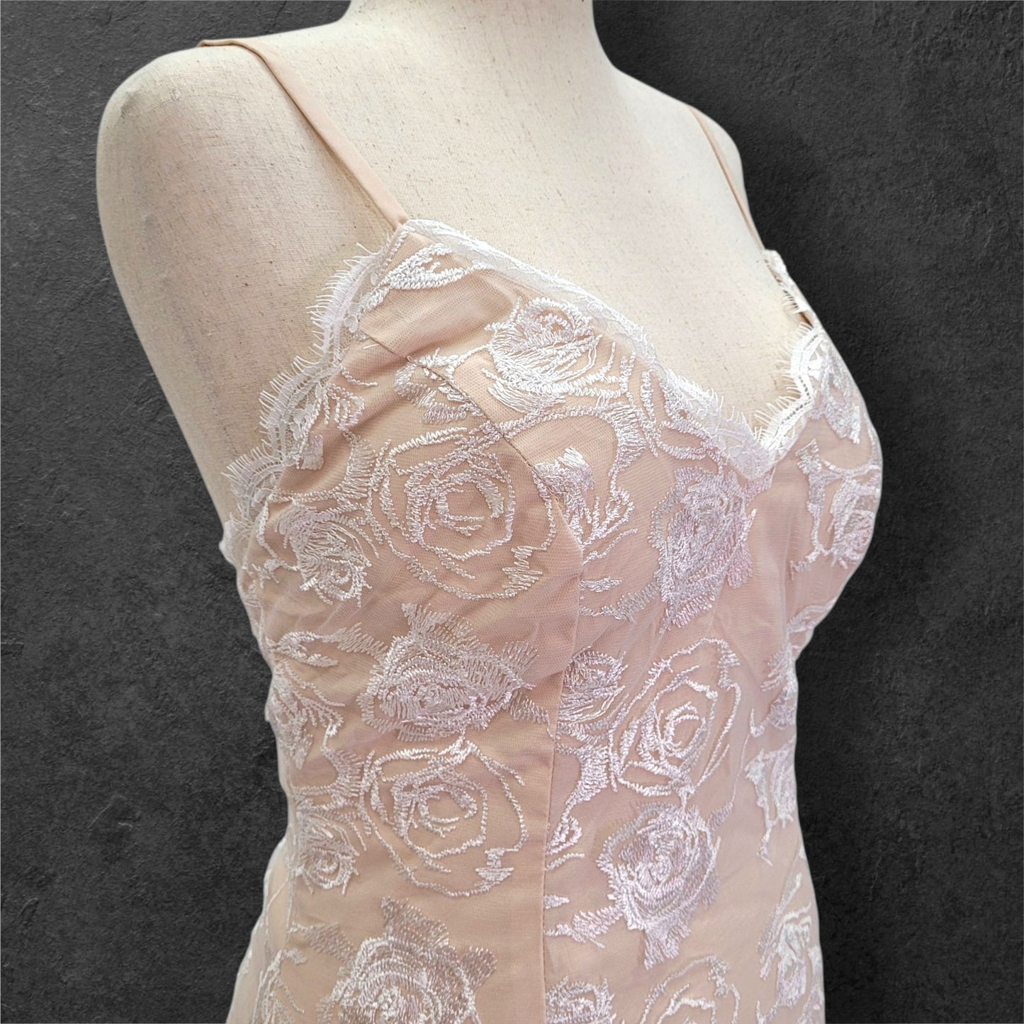 Beige Destination Wedding Dress with White Rose Overlay and Train