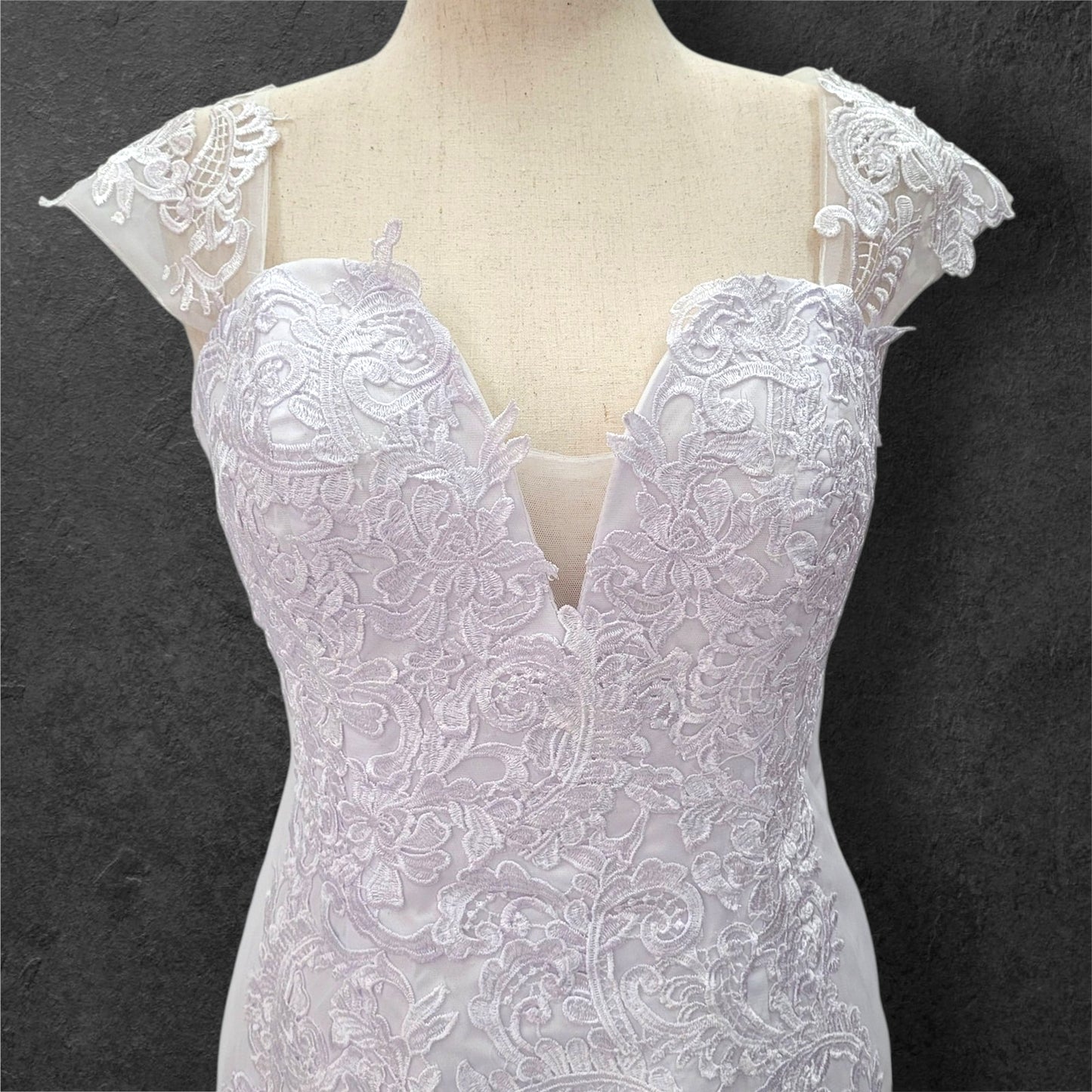 Fit n Flair Wedding Dress with Deep Sweetheart Neckline and Wide Sleeves