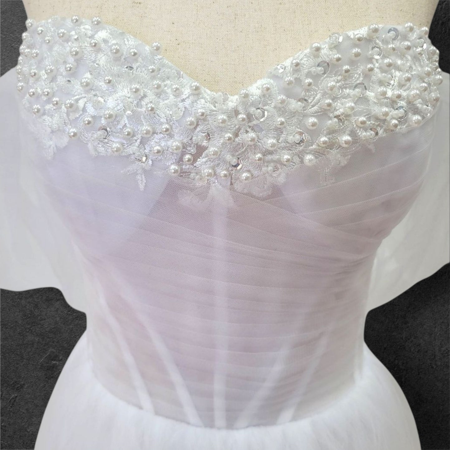 Tulle A Line Wedding Dress with Pearl Design on Bust and Full Corset Back