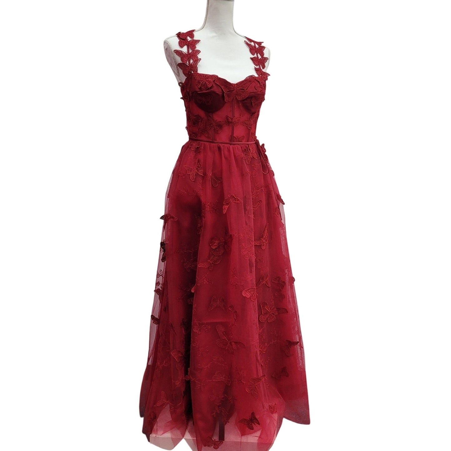 Women's Crimson Red Butterfly Dress with Corset Back