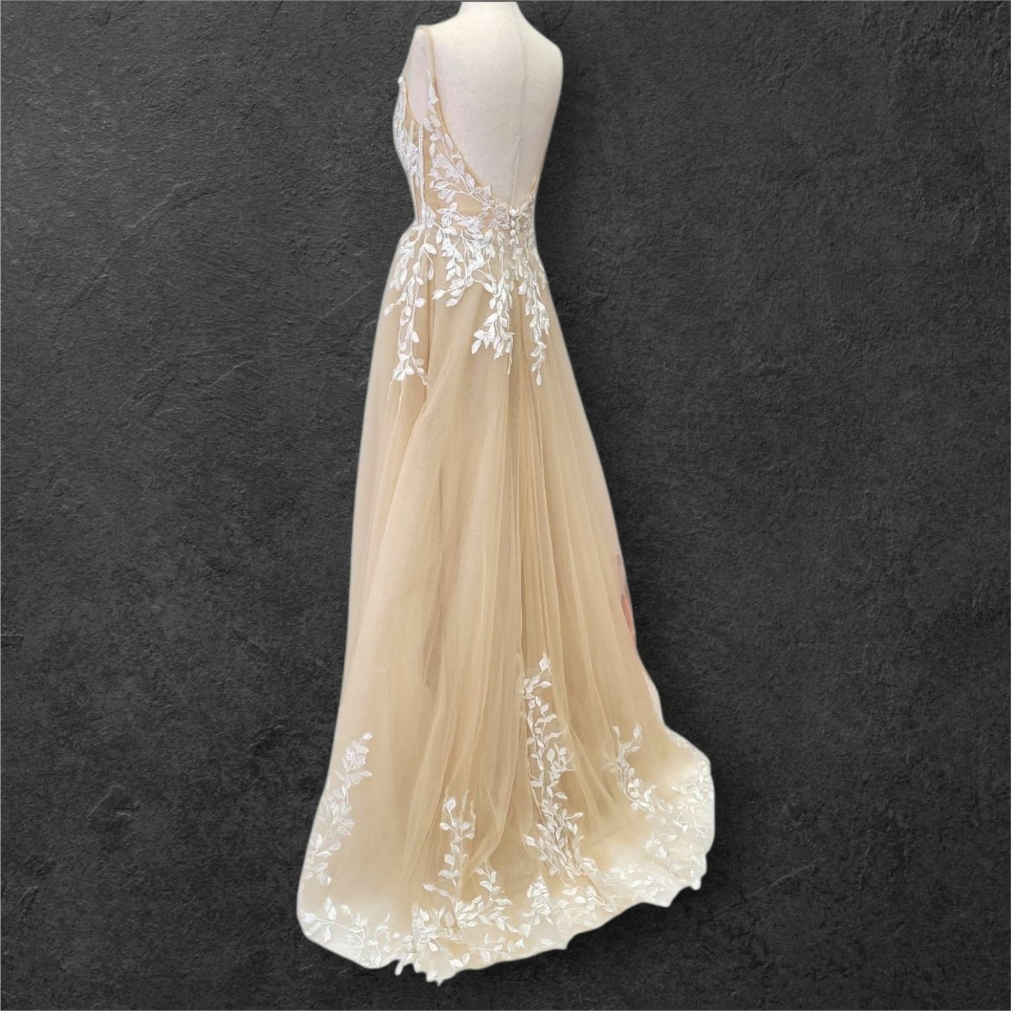 Beige Ballgown Wedding Dress with White Floral Appliques