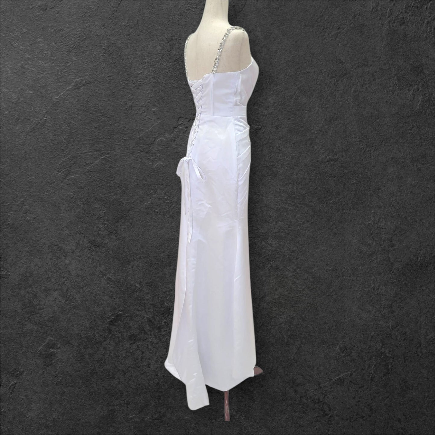 Fitted Satin White Gown with Large Jeweled Straps and Bodice Design