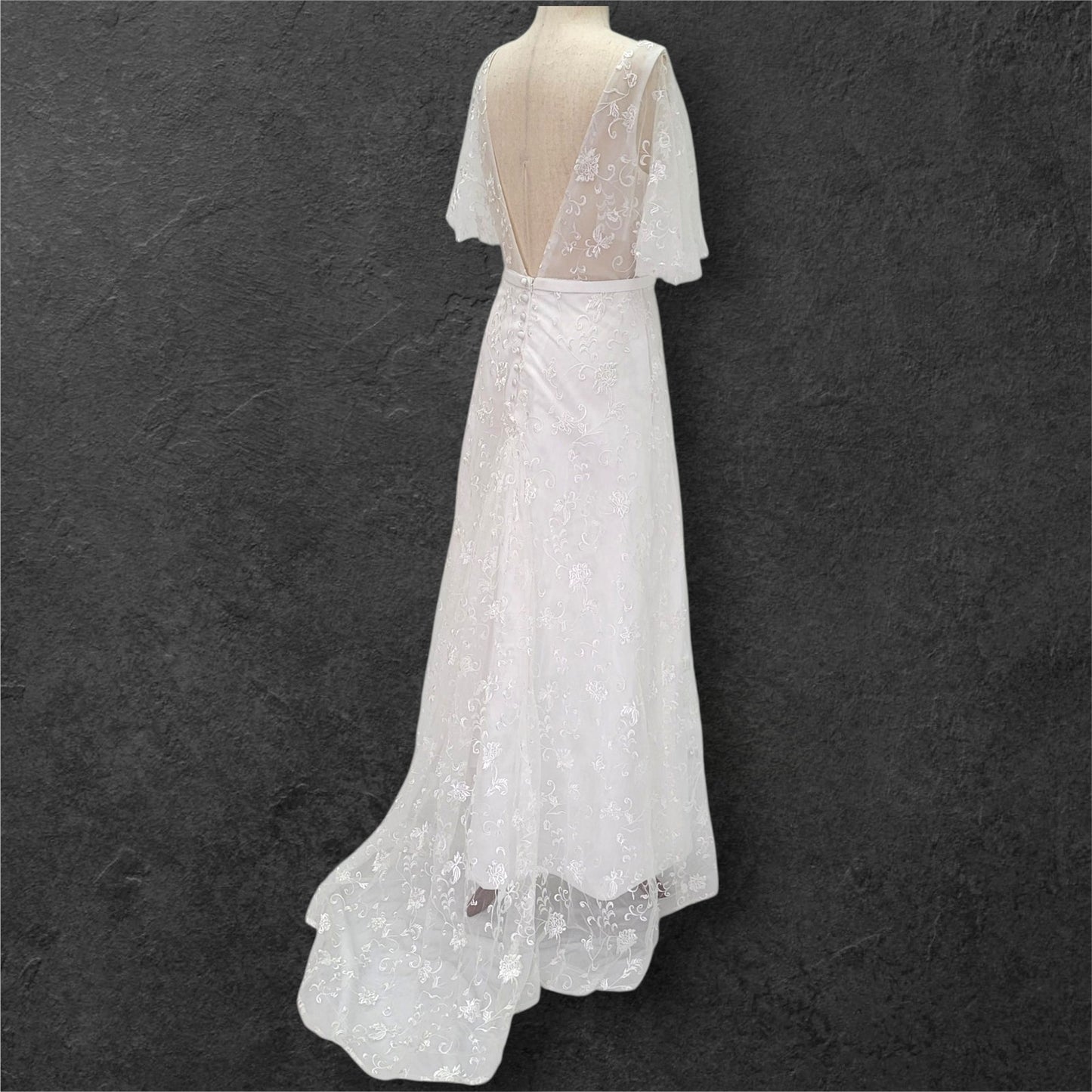A Line Wedding Dress with Trumpet Sleeves and V Back