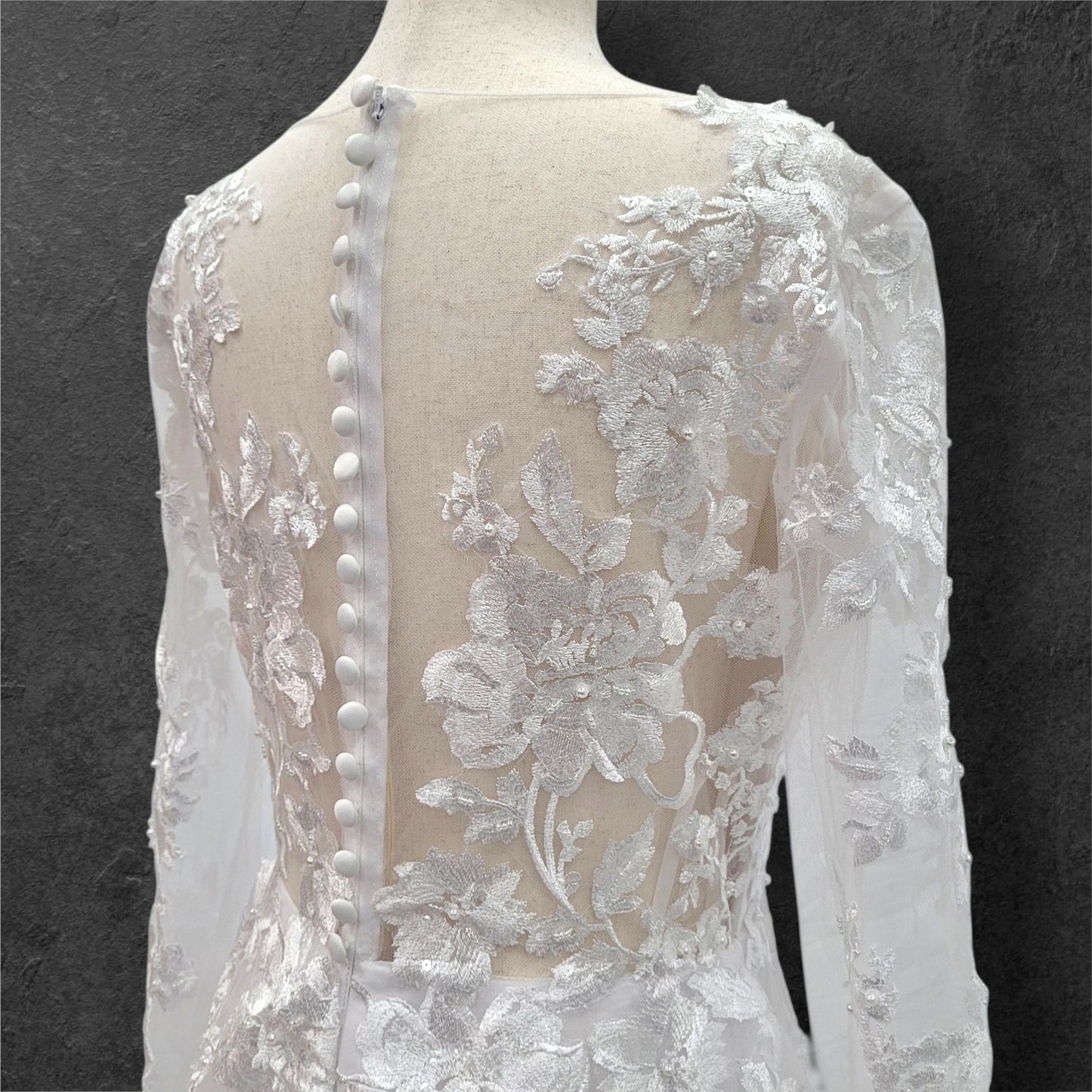 Long Sleeve Tulle Wedding Dress with Sheer Mesh Back with Floral Appliques