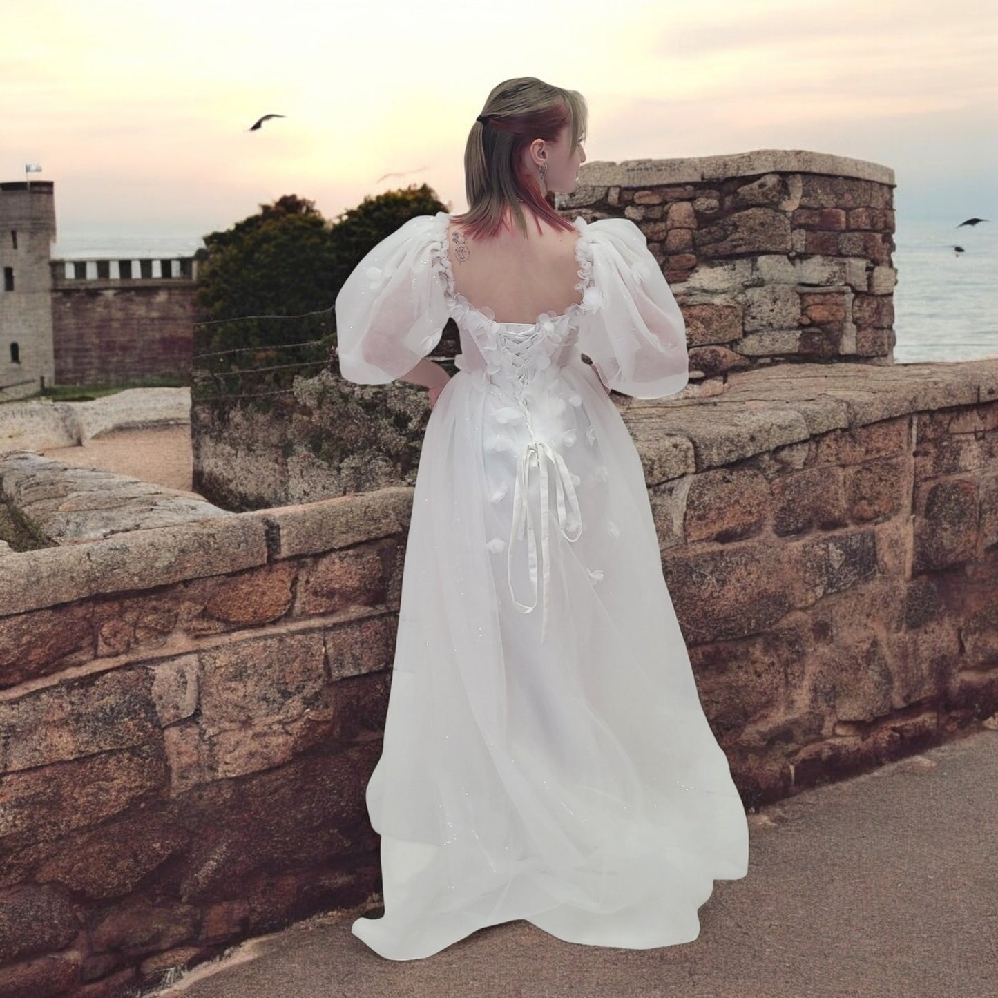 Tulle Ballgown with Puff Sleeves and Decorative Flowers