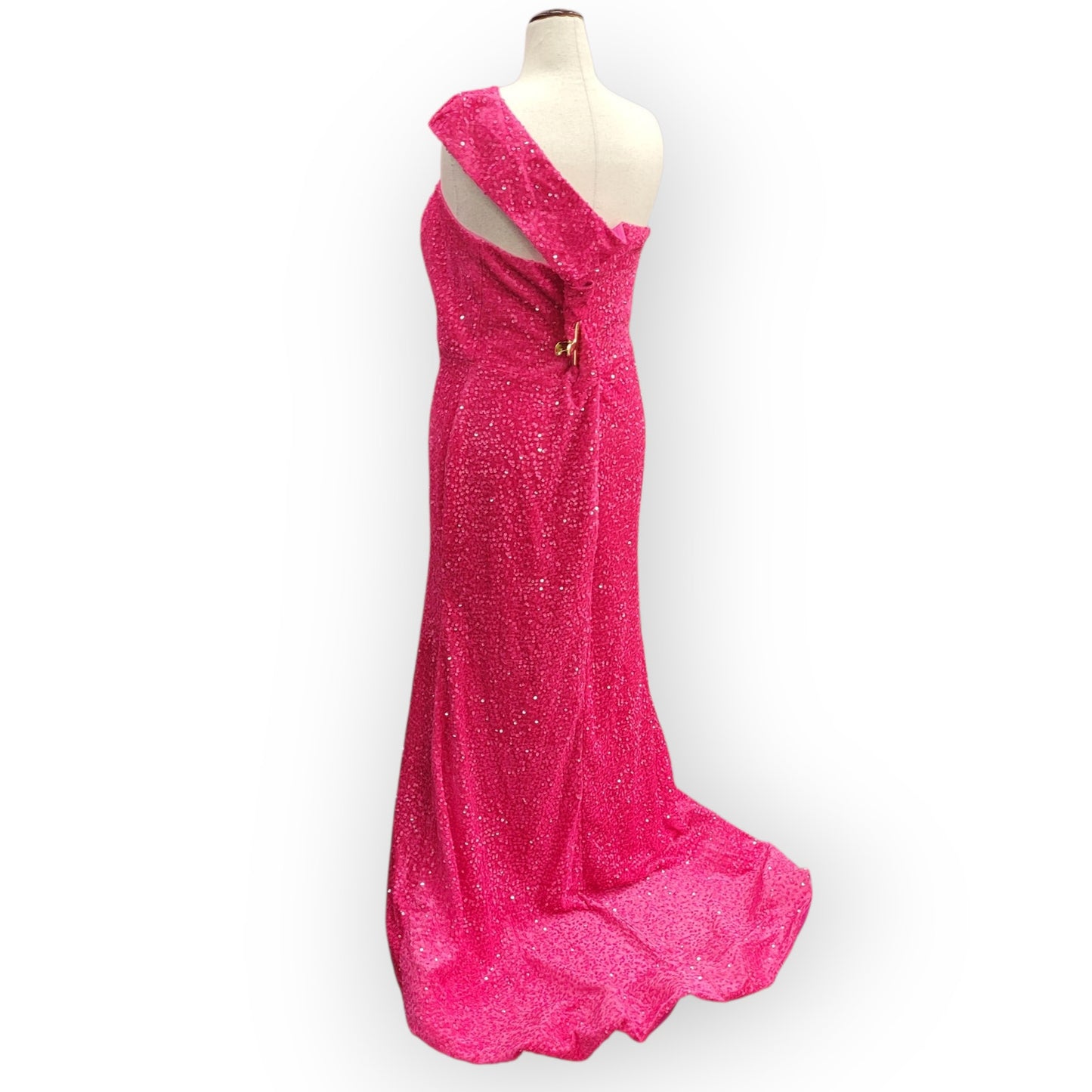Fitted Hot Pink Sequin Gown with Asymmetric Shoulder Strap