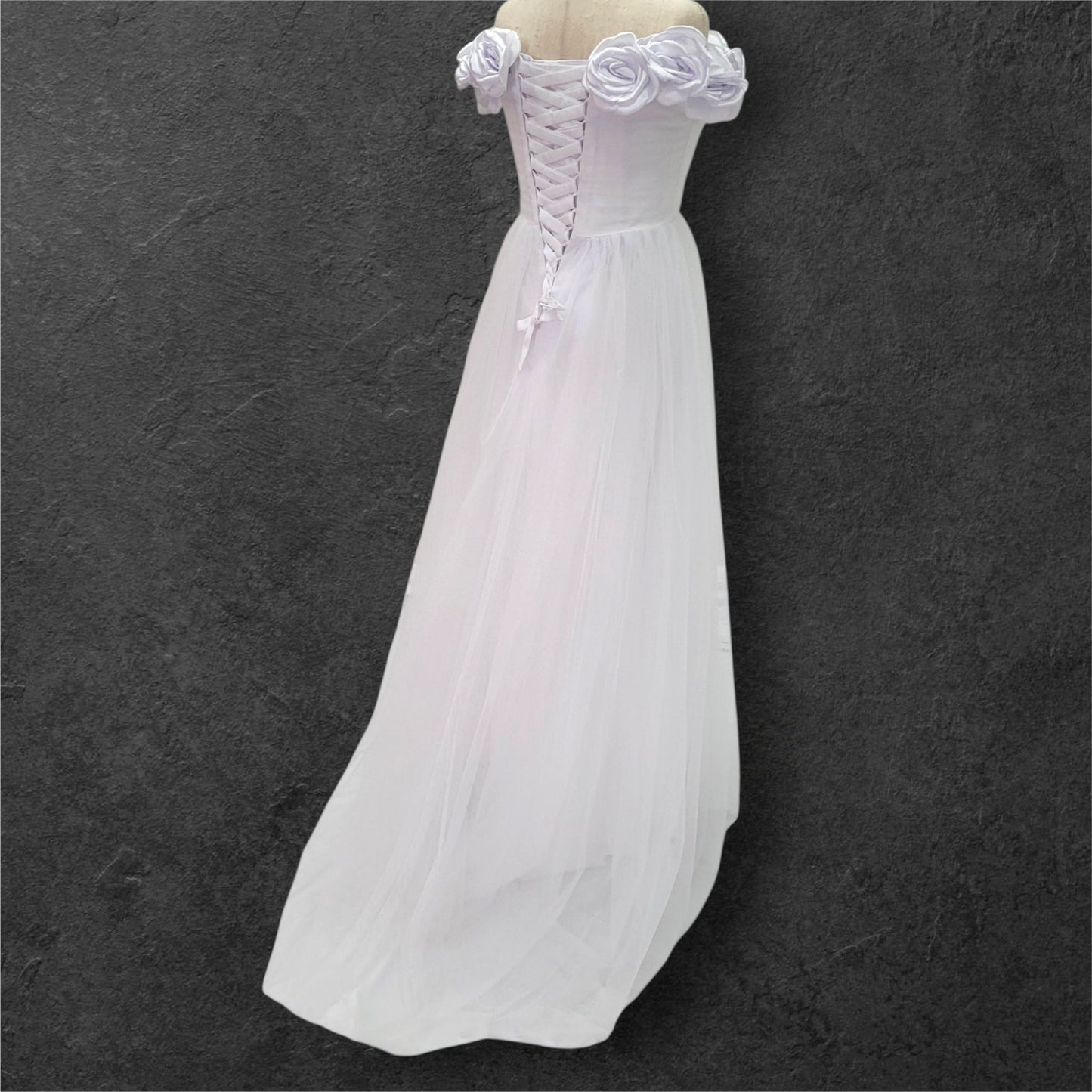 Rose Adorned Wedding Dress with Off Shoulder Sleeves and Corset Back