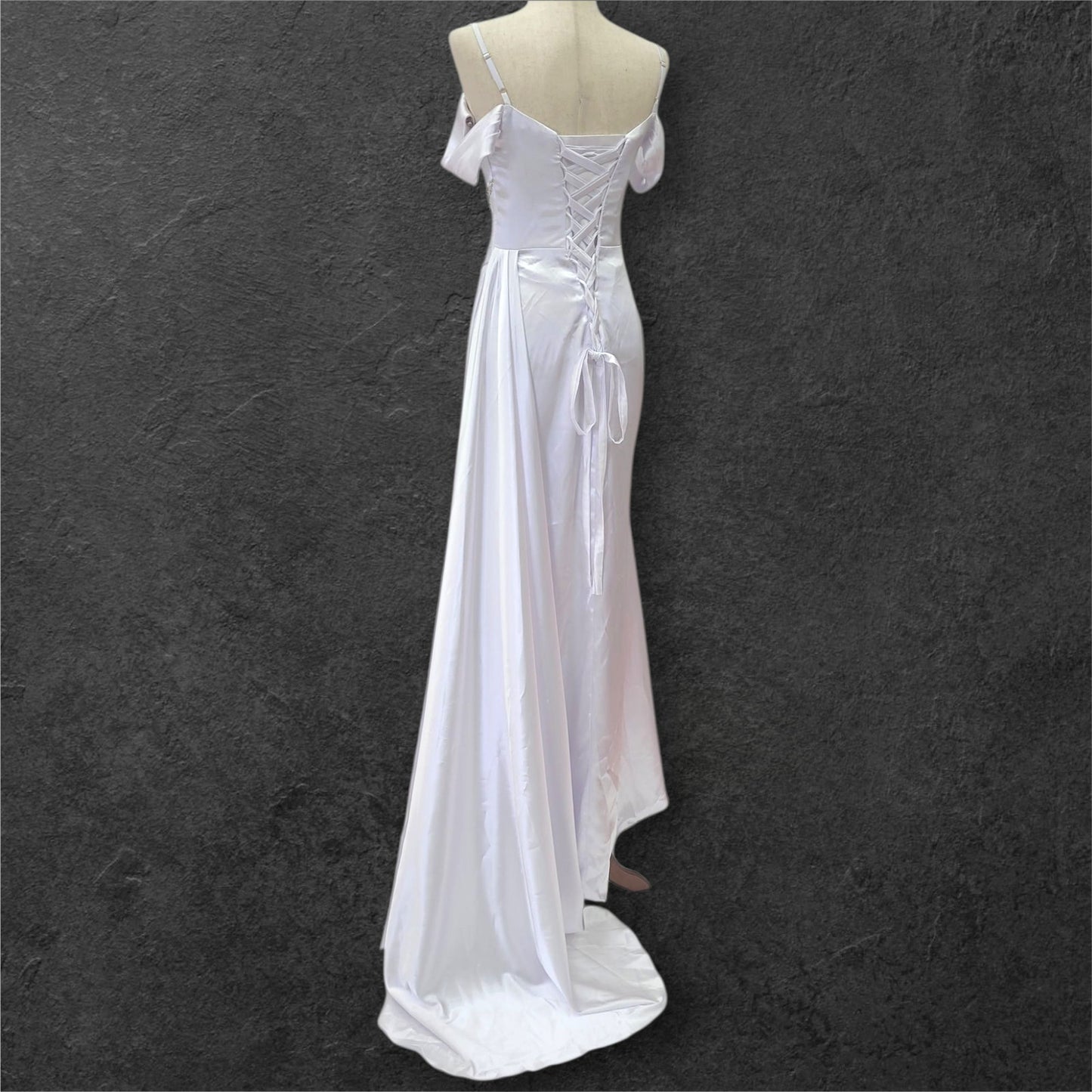 Silky Satin Wedding Dress with Full Corset Back and Off Shoulder Sleeves