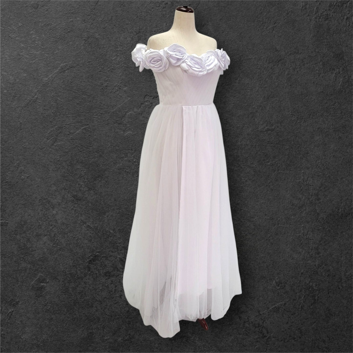 Rose Adorned Wedding Dress with Off Shoulder Sleeves and Corset Back