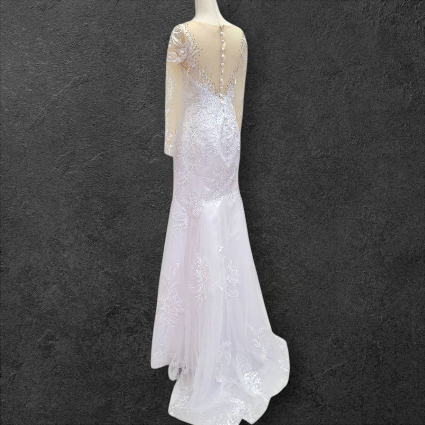 Fitted V Neck Wedding Dress with Long Mesh Sleeves with Lace