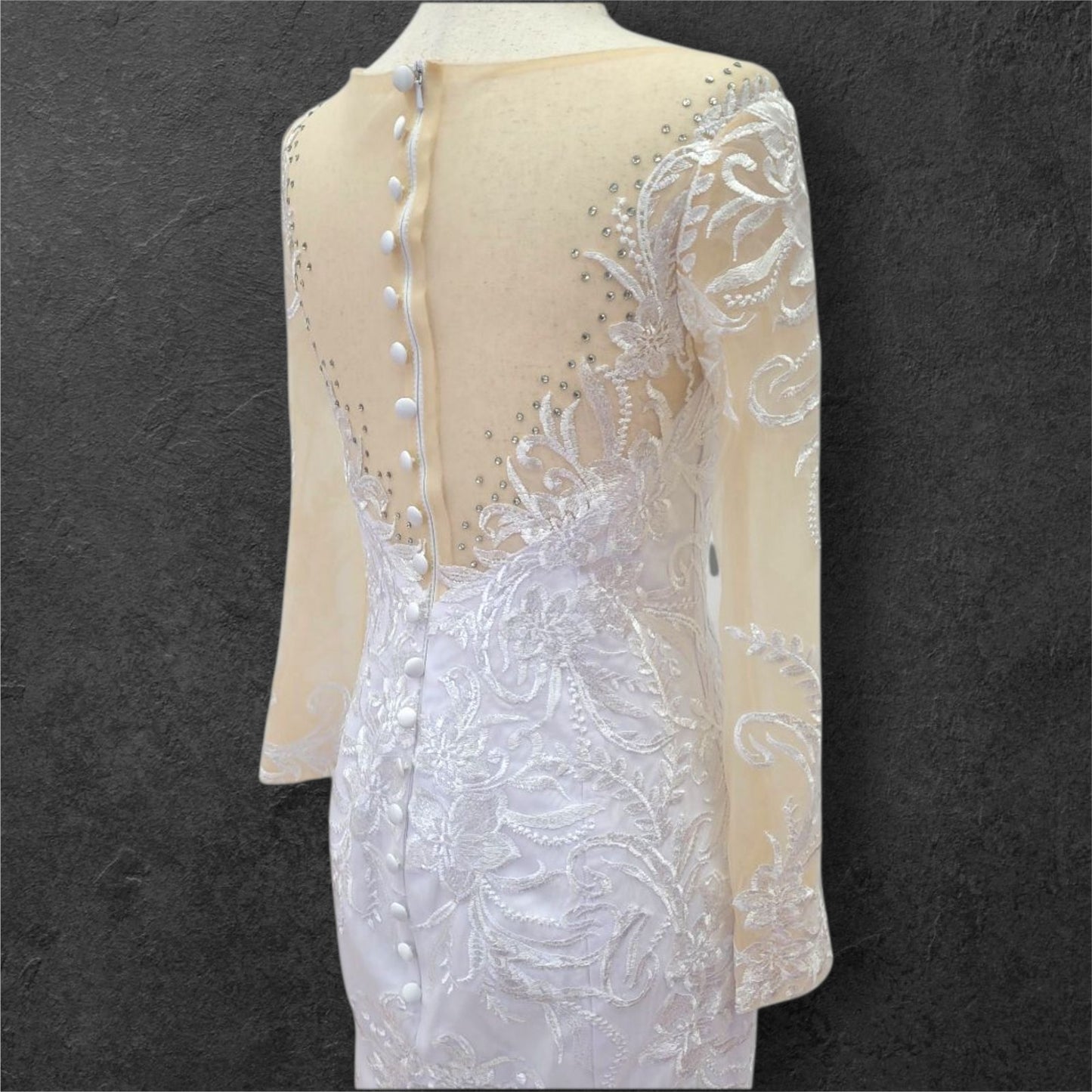 Fitted V Neck Wedding Dress with Long Mesh Sleeves with Lace