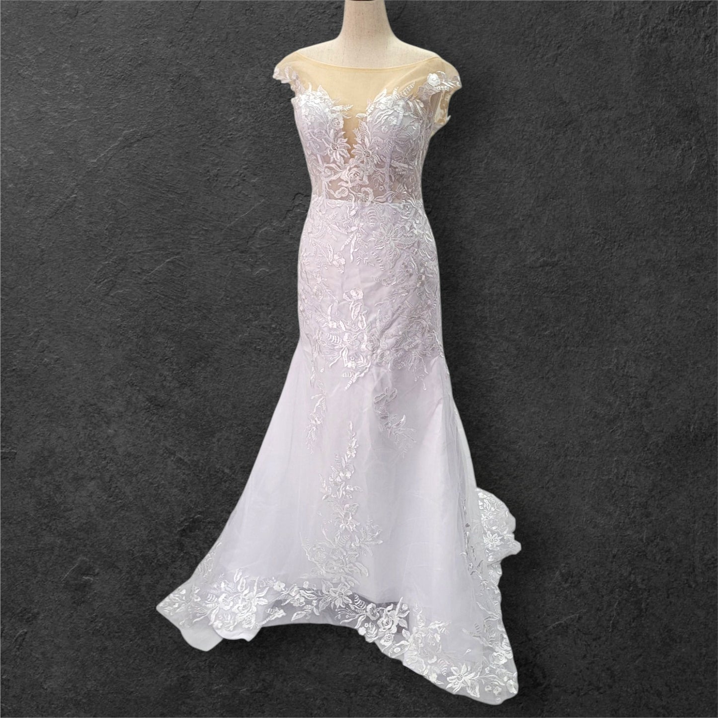 Fit n Flair Wedding Dress with Low Back and Mesh Cap Sleeves and Deep V Neck