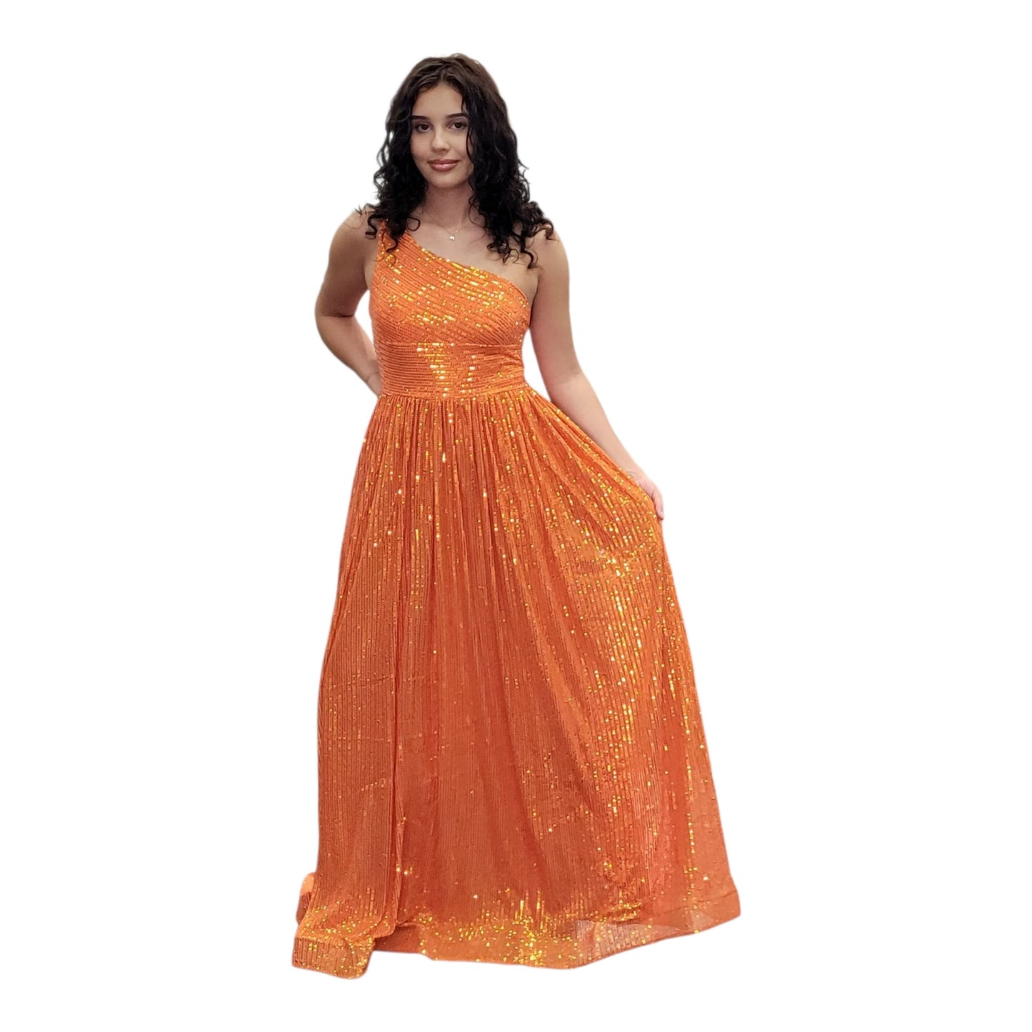 Fun Tangerine Orange One Shoulder Sequin Gown