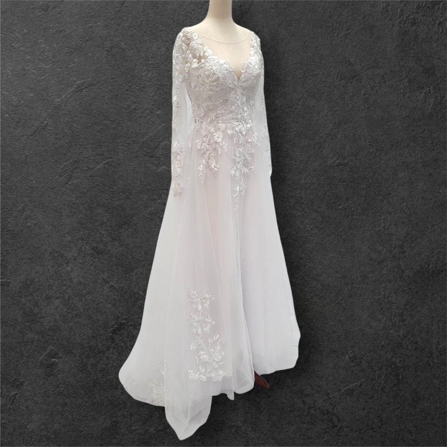 Long Sleeve Tulle Wedding Dress with Sheer Mesh Back with Floral Appliques