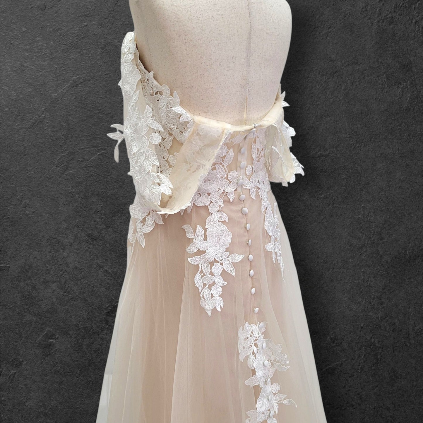 Beige Champagne Wedding Dress with White Floral Appliques