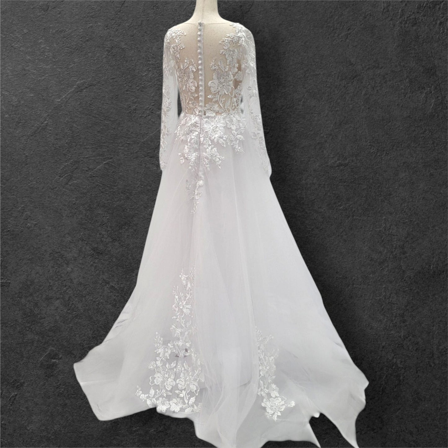 Long Sleeve Tulle Wedding Dress with Sheer Mesh Back with Floral Appliques