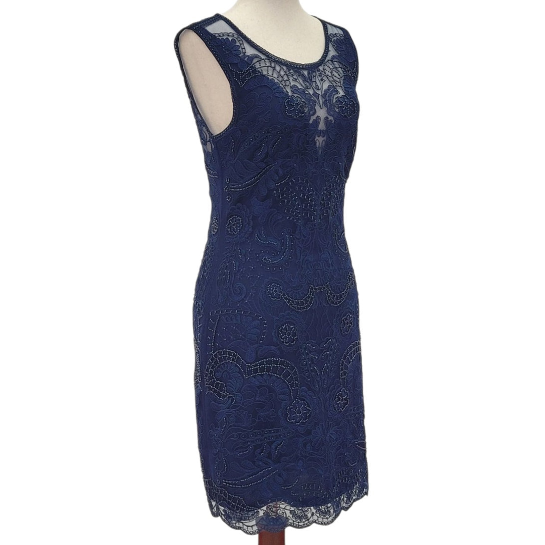 Navy Blue Scoop Neck Cocktail Dress with Beautiful Detailed Bead Overlay