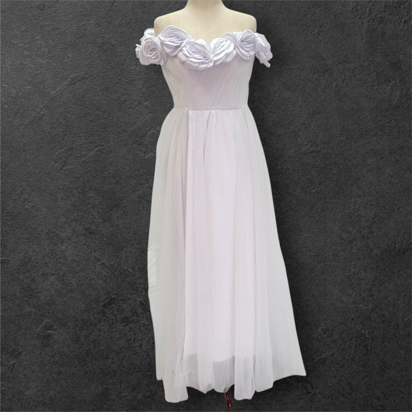 Rose Adorned Wedding Dress with Off Shoulder Sleeves and Corset Back