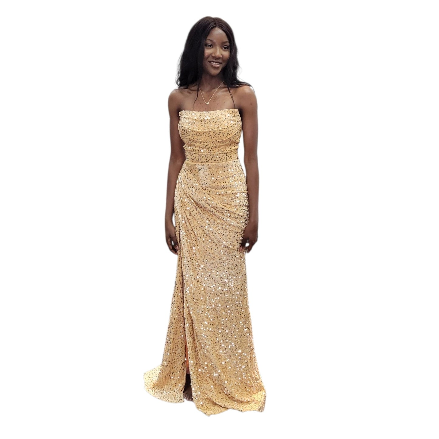 Strapless Sequin Evening Gown with Corset Back and Leg Slit