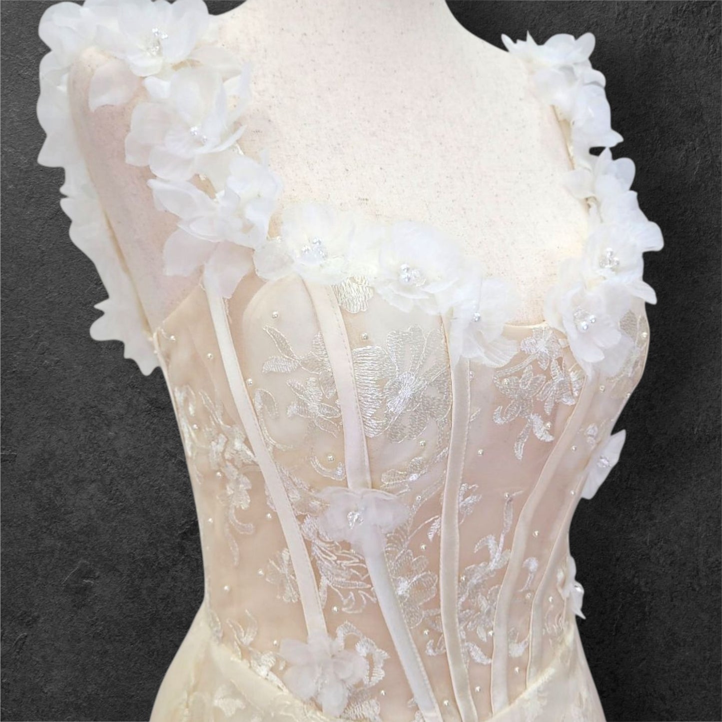 Champagne Floral Patterned Ballgown with White Flowers on Straps
