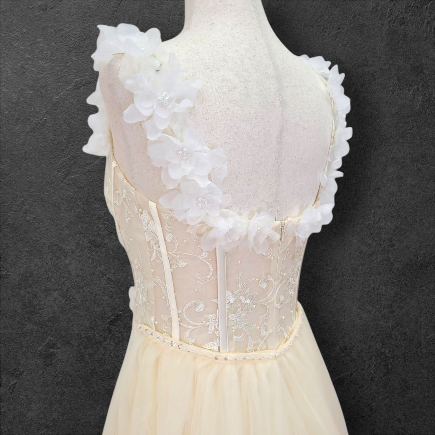 Champagne Floral Patterned Ballgown with White Flowers on Straps