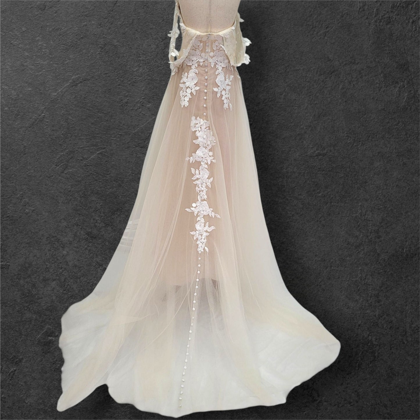 Beige Champagne Wedding Dress with White Floral Appliques