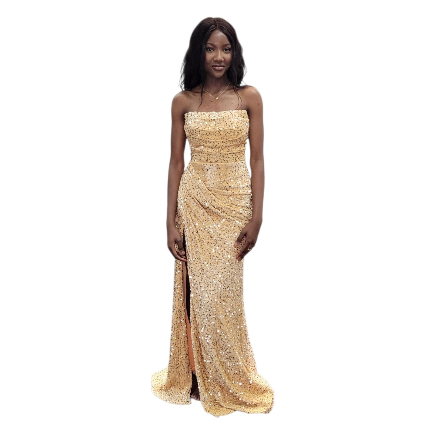 Strapless Sequin Evening Gown with Corset Back and Leg Slit