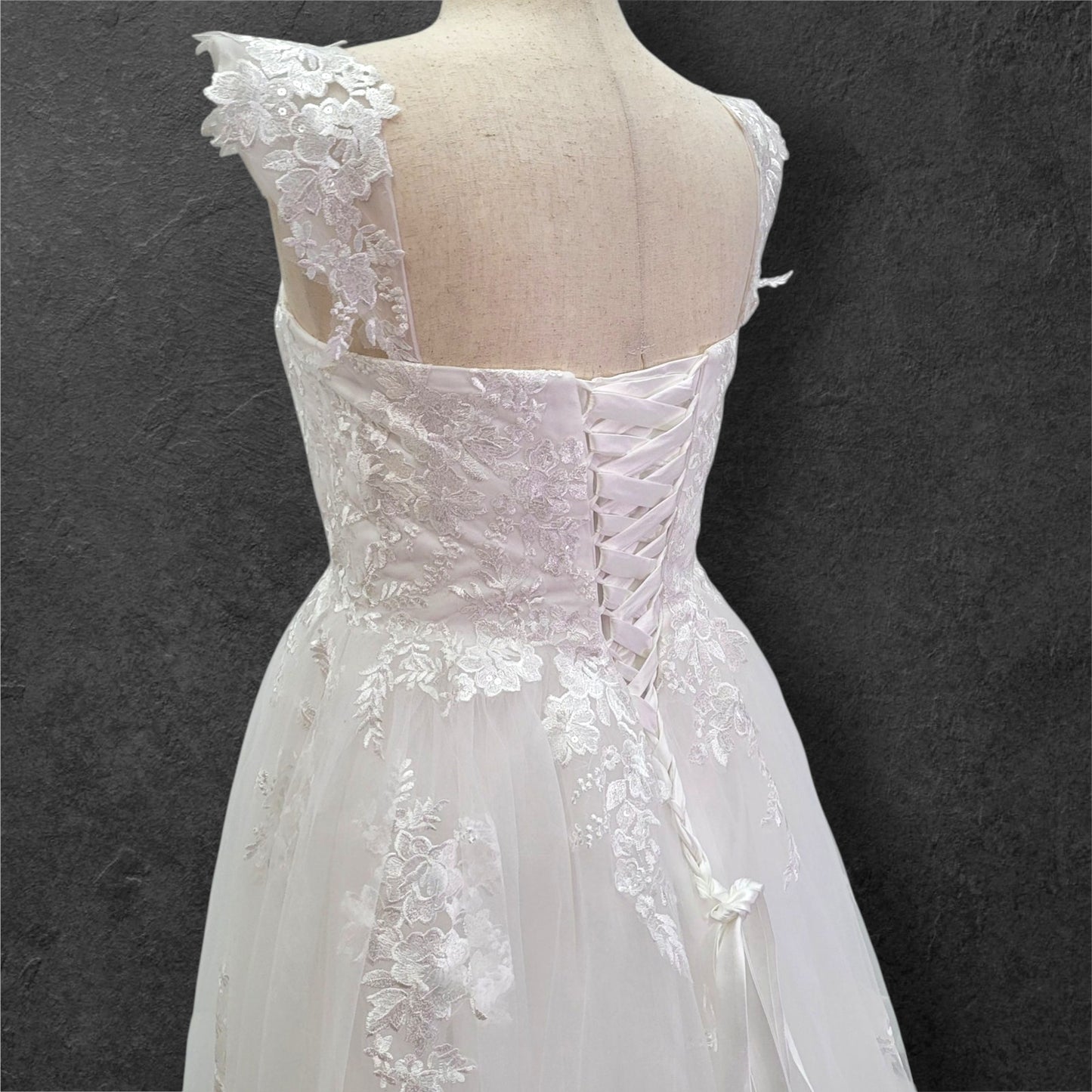 A Line Tulle Wedding Dress with Floral Appliques and Corset Back