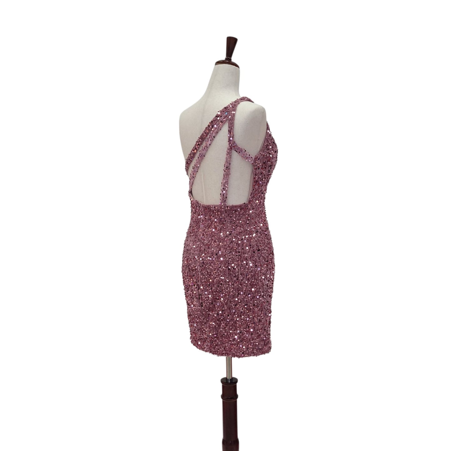 Women's Short One Shoulder Strappy Sequin Dress in Pink Mauve