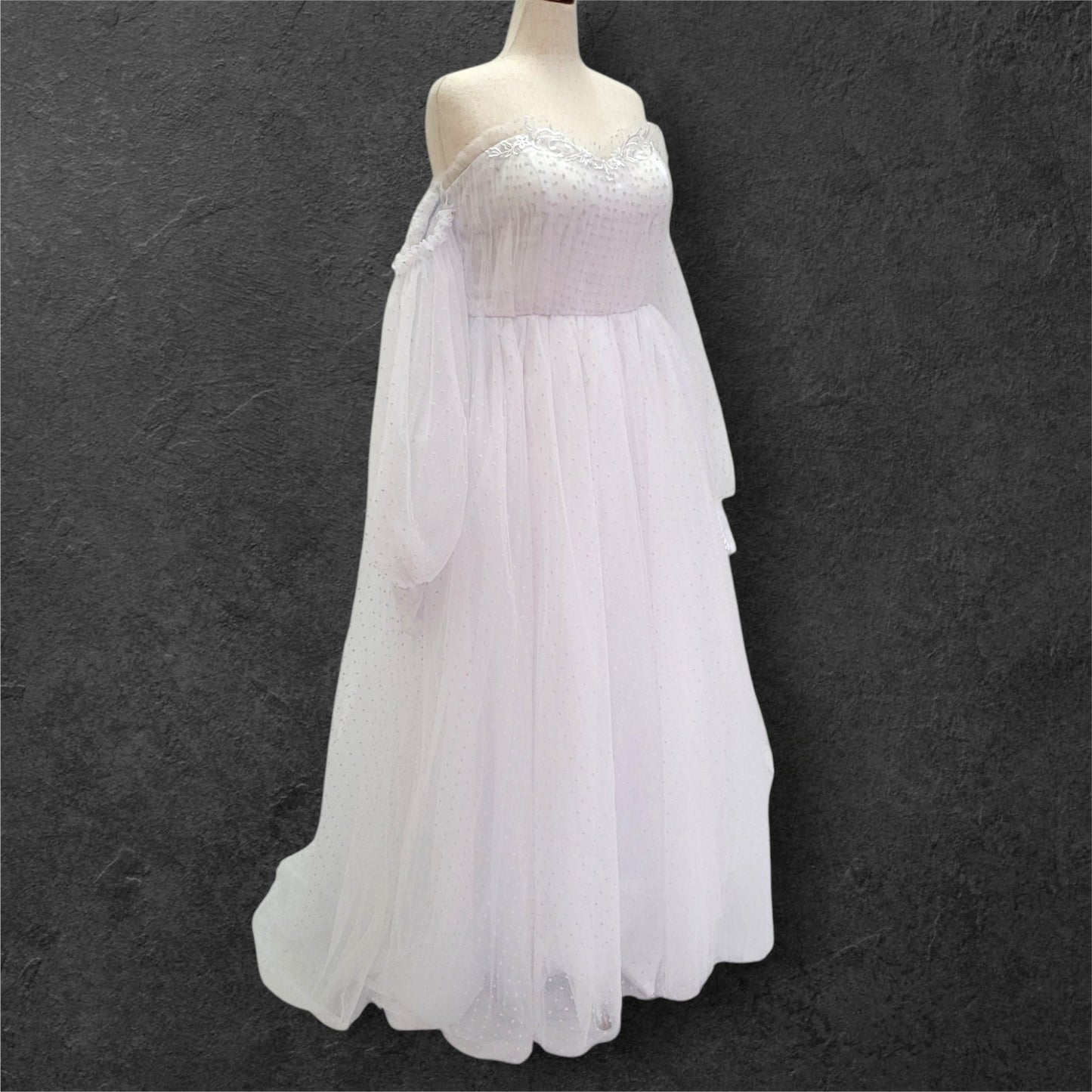 Fun Polka Dot Tulle Wedding Dress with Off Shoulder Sleeves