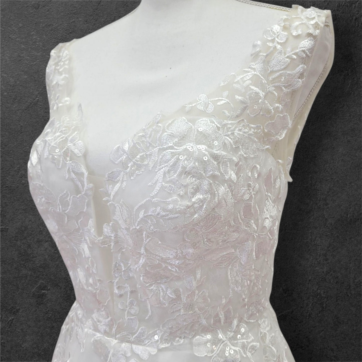Detailed Low Back Wedding Dress with Train and Plunge V Neck