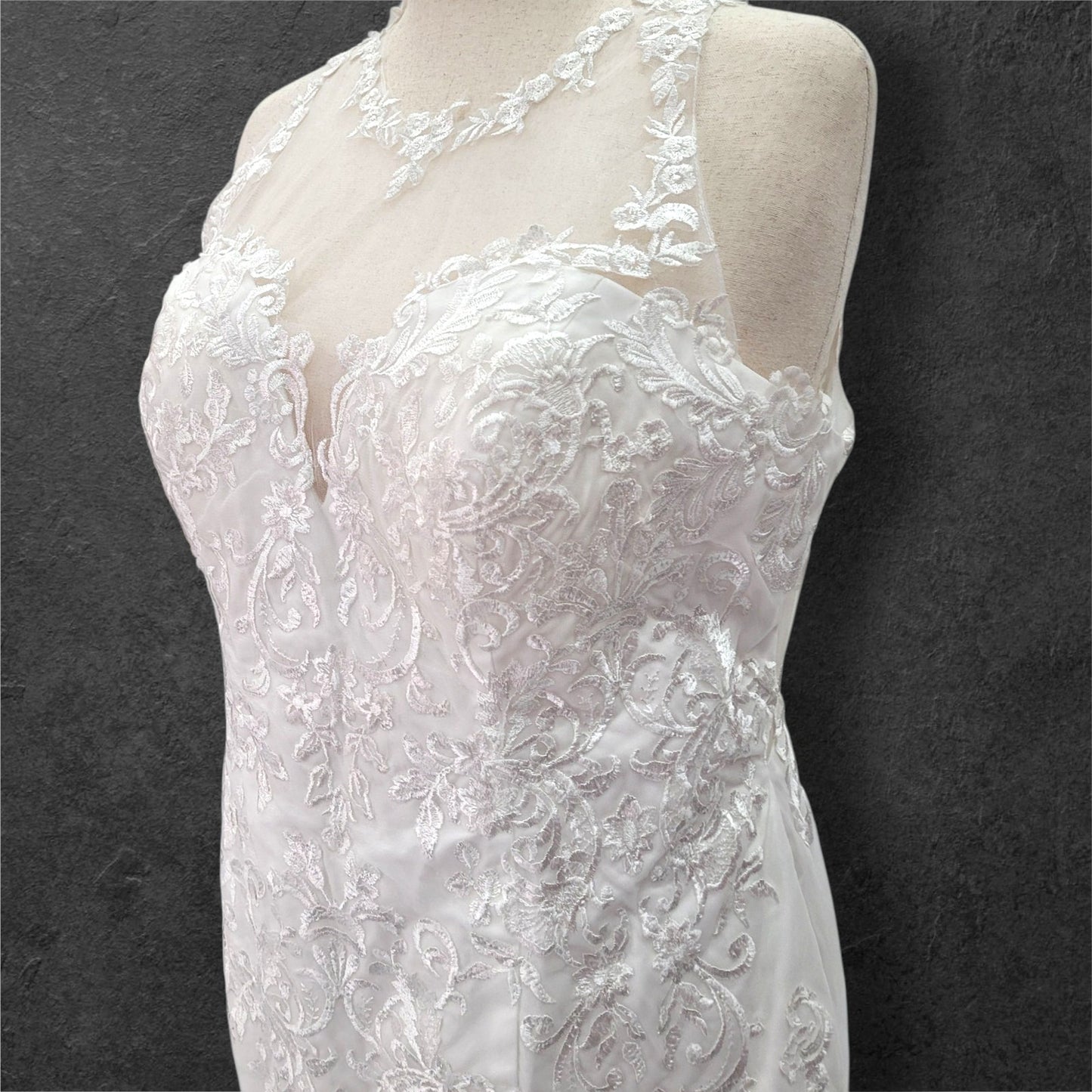 Halter Style Sleeveless Fit n Flair Wedding Dress with Sheer Mesh Back