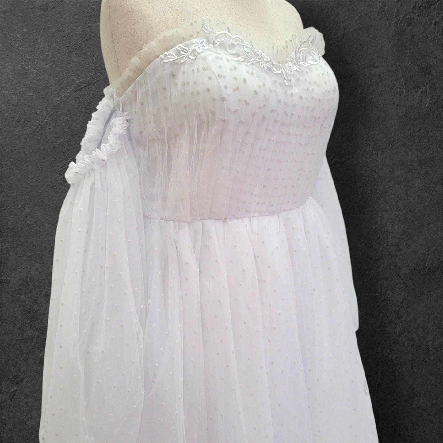 Fun Polka Dot Tulle Wedding Dress with Off Shoulder Sleeves
